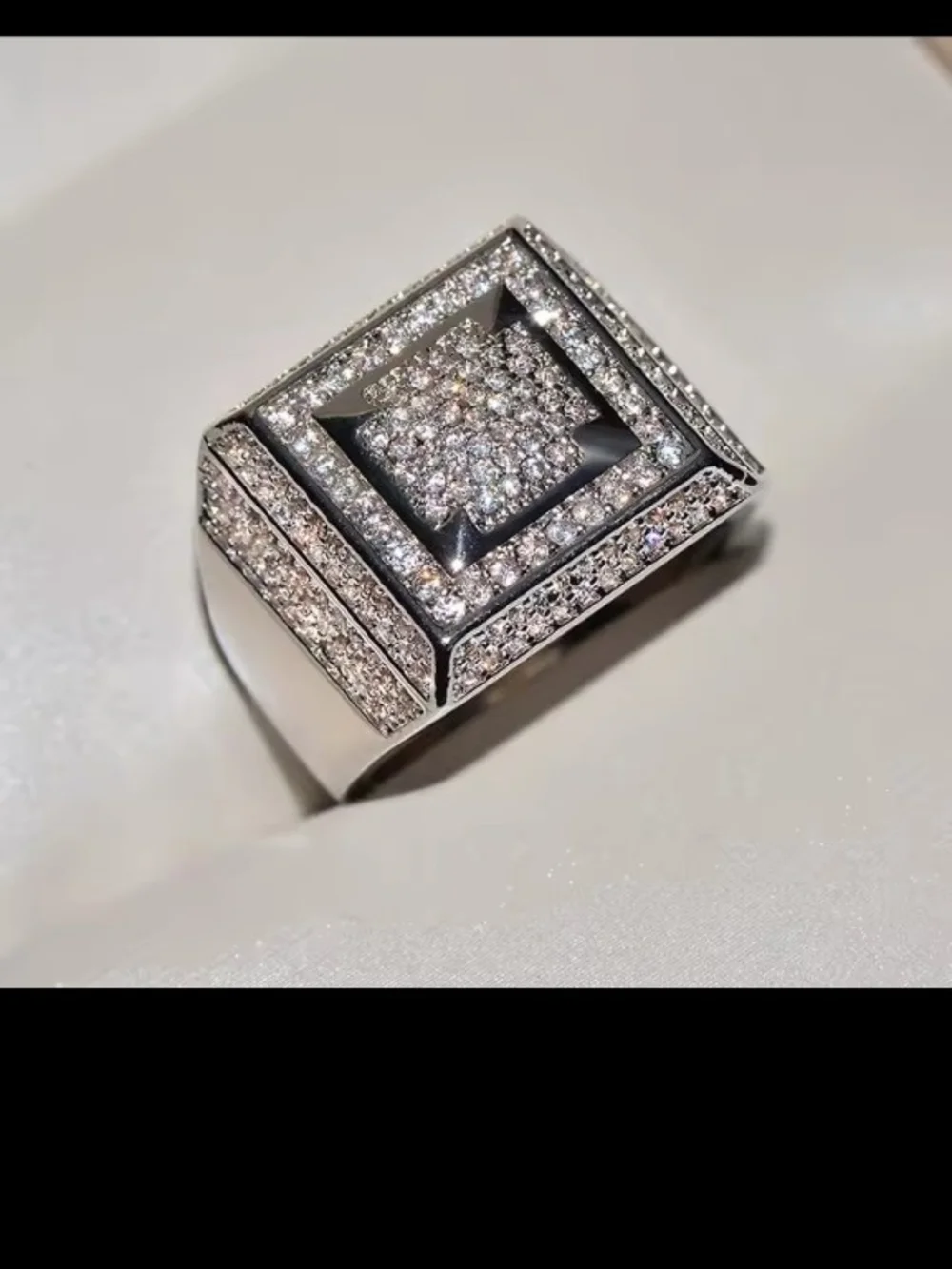 Men's Ring Size 8 Silver-Tone Pavé Square Statement Ring with Black Accents